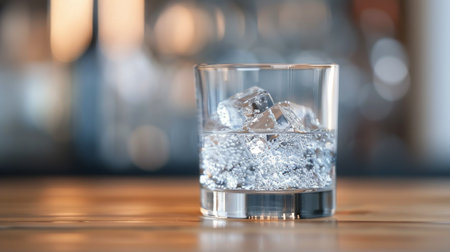 Clear glass filled with ice cubes rests on a wooden bar counter, reflecting ambient light in a cozy setting, inviting a moment of refreshment.の素材