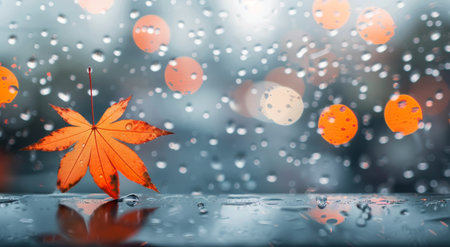 A single orange maple leaf clings to a wet window, droplets of rain sliding down the glass. In the background, blurred city lights shimmer softly, creating a tranquil autumn atmosphere.の素材