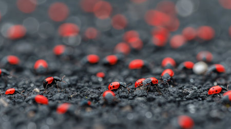 Numerous ladybugs with striking red and black patterns crawl across a textured surface, illuminated by bright sunlight, creating a vivid display of nature in motion.の素材