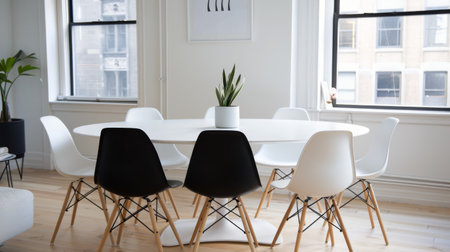 A contemporary office workspace features a white table adorned with small succulent plants in ceramic pots, accompanied by black chairs and a blurred background of an open and airy environment.の素材