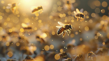 A honeybee hovers over a cluster of honeycomb, gathering nectar during sunset. The warm golden light creates a serene atmosphere as the bee contributes to the ecosystem in a blooming landscape.の素材