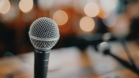 A silver microphone rests on a rustic wooden table, creating a focal point amid softly blurred lights in the background, suggesting a vibrant live performance or recording setting.の素材