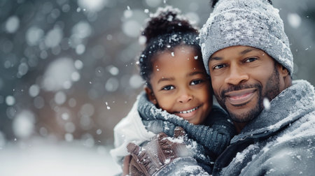 A happy couple smiles while embracing each other in a snowy mountain setting, dressed warmly in winter attire. Snowflakes gently fall around them, creating a serene and cozy atmosphere.の素材