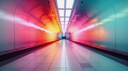 A long corridor showcases a stunning array of colorful lights, creating a vibrant atmosphere. The sleek tiles reflect the hues, while shadows hint at the presence of a solitary figure in the distance.の素材