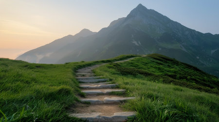 A serene pathway made of wooden planks winds through a mountainous landscape at sunrise. Autumn foliage adds warmth to the scene, with majestic peaks illuminated in the distance.の素材