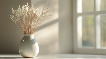 A vase filled with dried flowers sits on a wooden surface, gently illuminated by soft morning light filtering through a window, casting warm shadows on the wall behind.の素材