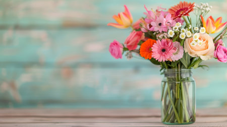 A vibrant bouquet of various flowers, including gerberas and roses, is arranged in a mason jar, placed on a wooden table against a soft blue background, creating a cheerful and inviting atmosphere.の素材
