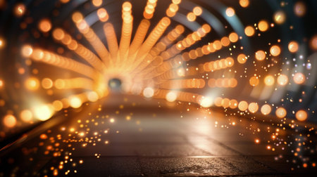 A vibrant tunnel illuminated by numerous warm, sparkling lights creates a captivating atmosphere. The foreground features a bokeh effect, enhancing the enchanting feel of the night.の素材