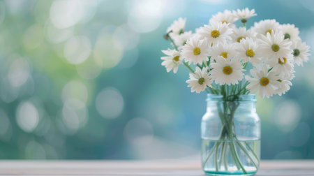 A bouquet of white hydrangeas with lush green leaves is elegantly arranged in a clear glass vase, sitting atop a soft blue surface as gentle natural light illuminates the background.の素材