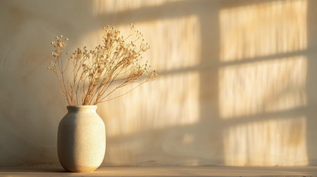 A vase filled with dried flowers sits on a wooden surface, gently illuminated by soft morning light filtering through a window, casting warm shadows on the wall behind.の素材