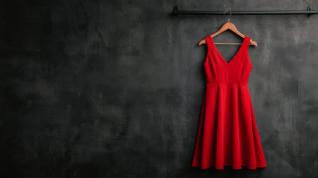 A vibrant red dress hangs elegantly on a wooden hanger inside a boutique, with a blurred floral arrangement in the background and various garments displayed behind it.の素材
