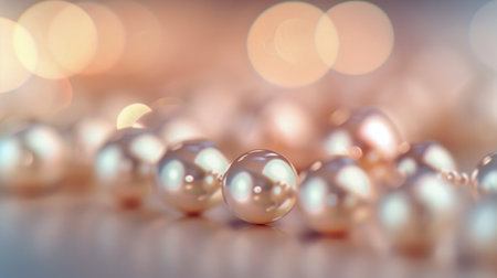 A string of lustrous pearls is elegantly arranged, glimmering under soft bokeh lighting, highlighting their beauty and craftsmanship. The warm tones create a luxurious atmosphere, perfect for showcasing jewelry.の素材