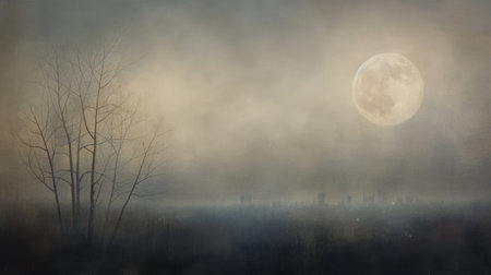 A breathtaking view of a city skyline as dusk settles, illuminated by a large, luminous full moon casting a serene glow over the buildings and creating an atmospheric backdrop.の素材