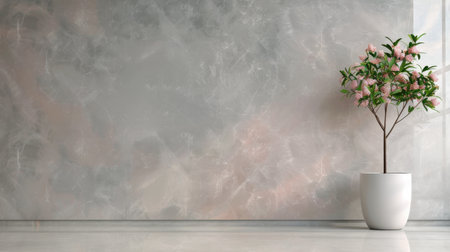 A small flowering tree in a white pot stands gracefully against a softly textured, pastel-colored wall, illuminated by natural daylight, creating a serene atmosphere in a contemporary space.の素材