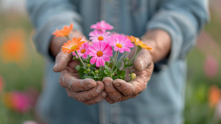 A pair of gentle hands cradle a mix of colorful gerbera flowers, showing pink, orange, and yellow blooms. The background features soft pastel hues, enhancing the delicate beauty of the floral arrangement.の素材