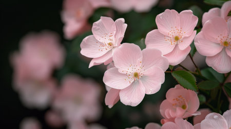 A vibrant display of delicate pink flowers fills the garden, showcasing their soft petals and lush green foliage under the warm spring sunlight.の素材