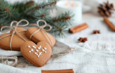 Gingerbread hearts with delicate icing sit wrapped in twine on a rustic table, surrounded by pine branches, cinnamon sticks, and a glowing candle, creating a cozy atmosphere perfect for the holiday season.の素材