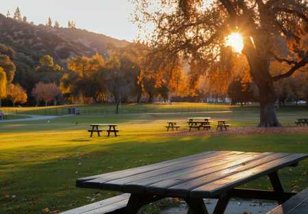 A tranquil park setting wooden features picnic tables surrounded by vibrant autumn foliage. Morning sunlight filters through the trees, illuminating the colorful leaves and creating a serene atmosphere.の素材