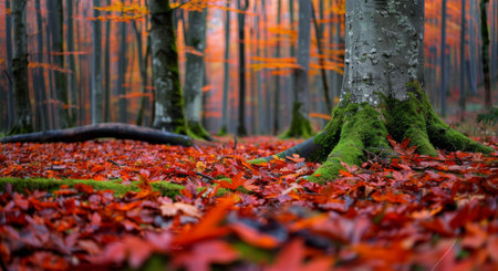 A tranquil forest setting showcases vibrant orange and red leaves scattered across the ground, surrounding a thick, moss-covered tree trunk. The atmosphere is serene, with a mist lingering among the trees.の素材
