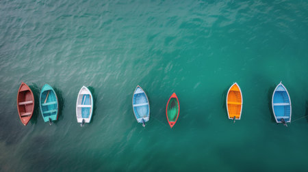 Seven vibrant fishing boats float peacefully in clear blue waters, showing a variety of colors and designs. The calm ocean reflects sunlight, creating a serene atmosphere above the tranquil seascape.の素材
