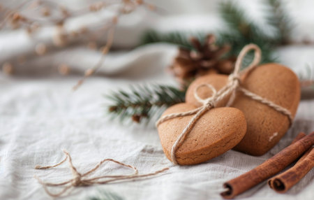 Heart-shaped ginger cookies arranged with cinnamon sticks and pine branches on a textured tablecloth create a cozy, festive atmosphere perfect for the holiday season.の素材