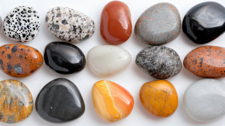 A collection of polished stones in various colors and patterns lined up neatly on a white surface, showing their unique shapes and textures under soft lighting.の素材