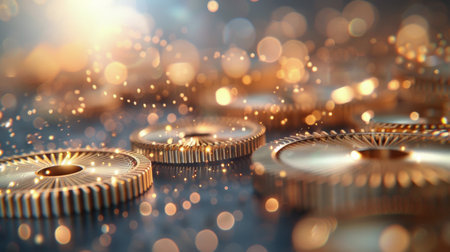 Intricately designed gears with a golden finish interlock against a softly glowing backdrop, showcasing their detailed ridges and surface textures, creating a captivating and dynamic composition.の素材