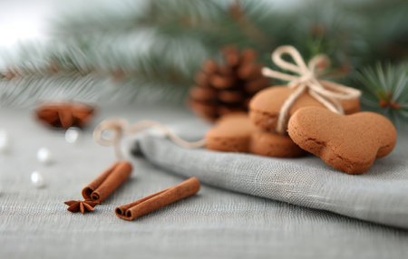 Freshly baked heart-shaped cookies tied with twine sit alongside cinnamon sticks and a pine branch on a textured linen tablecloth, creating a cozy, festive atmosphere.の素材