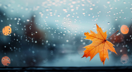 An orange maple leaf clings to a rain-soaked window, with blurred city buildings in the background. Raindrops create a beautiful effect, capturing the essence of a rainy autumn day.の素材