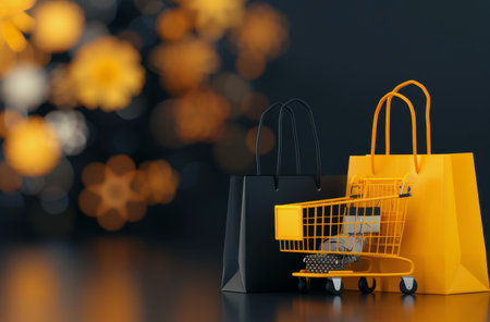A row of black and yellow shopping bags stands next to a small yellow shopping cart, set on a dark wooden table with various accessories in the background, creating an inviting retail atmosphere.の素材