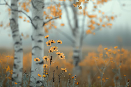 A serene meadow filled with vibrant yellow flowers stretches toward white birch trees, enveloped in soft morning fog. The scene captures the peacefulness of autumn, blending nature's colors and textures harmoniously.の素材