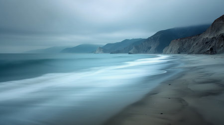 Waves gently lap against a rocky shoreline, with smooth stones scattered across the beach, while distant snowy mountains rise under a cloudy sky, creating a serene coastal environment.の素材