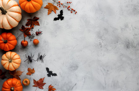 A festive arrangement features orange, white, and black pumpkins surrounded by autumn leaves and decorative spiders, creating a vibrant atmosphere perfect for Halloween celebrations.の素材