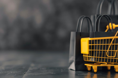 A row of black and yellow shopping bags stands next to a small yellow shopping cart, set on a dark wooden table with various accessories in the background, creating an inviting retail atmosphere.の素材