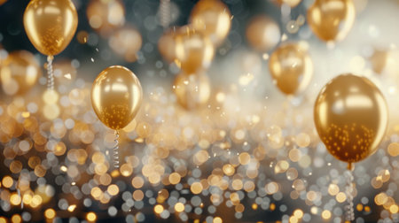 Golden balloons drift gracefully amidst a shimmering background filled with bokeh lights, creating a festive and joyful ambiance for a celebration or party setting.の素材