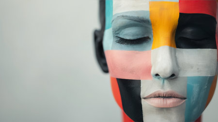 A mannequin's face is artistically adorned with vibrant, abstract paint patterns, showing a blend of colors and styles in a contemporary studio environment.の素材
