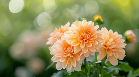 Three bright orange flowers stand out in a lush garden, their petals stretching wide under soft sunlight, creating a cheerful display among green foliage and other blossoms.の素材
