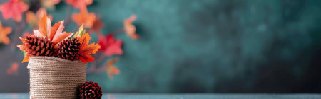 A rustic container is filled with pinecones and vibrant autumn leaves against a textured background, showing casing seasonal decor that highlights the beauty of fall.の素材