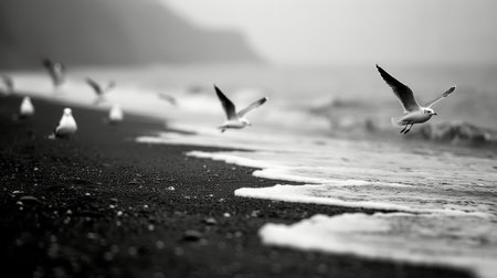 A flock of seagulls takes flight above the black sand beach as gentle ocean waves lap at the shore during dusk. The moody atmosphere enhances the peaceful yet dynamic scene of nature.の素材