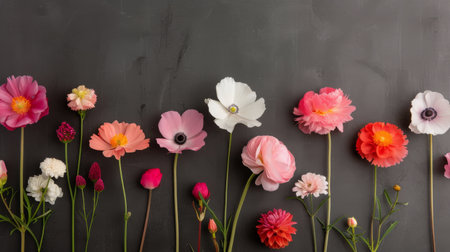 A vibrant display of various fresh flowers in shades of pink, white, and orange arranged neatly against a dark background, showing their natural beauty and intricate details.の素材