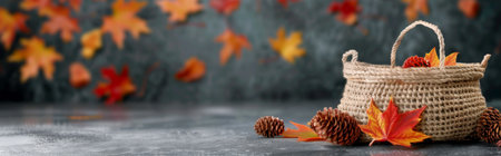 A rustic container is filled with pinecones and vibrant autumn leaves against a textured background, showing casing seasonal decor that highlights the beauty of fall.の素材