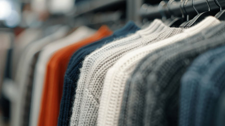 Woolen sweaters in various colors hang neatly on racks inside a clothing store, showcasing an inviting selection for shoppers. The warm hues create a cozy atmosphere.の素材