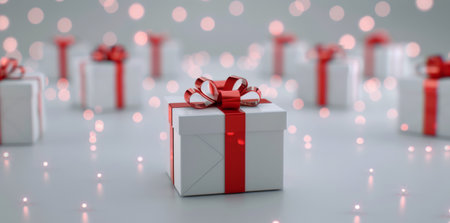 Colorful gift boxes are neatly arranged on a smooth surface, each adorned with vibrant red ribbons and decorative bows, creating a festive and joyful atmosphere.の素材