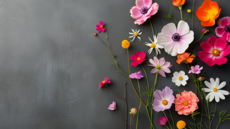 A vibrant display of various fresh flowers in shades of pink, white, and orange arranged neatly against a dark background, showing their natural beauty and intricate details.の素材