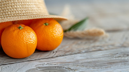 Three orange vibrants sit on a blue wooden table, accompanied by a straw hat and green leaves, capturing a refreshing summer vibe.の素材
