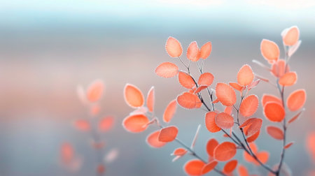 Delicate red leaves bask in the gentle light of dawn, creating a warm atmosphere in a peaceful forest. The soft glow enhances the rich colors, inviting a sense of tranquility and connection with nature.の素材