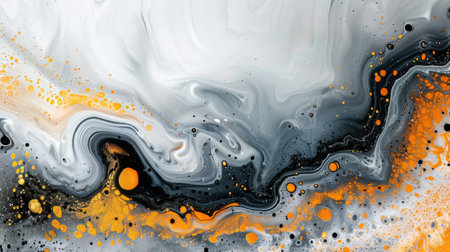 A striking abstract composition bold black and white areas accented by vibrant orange. The textured patterns and splatters create depth and intrigue, drawing the viewer into the interplay of colors.の素材