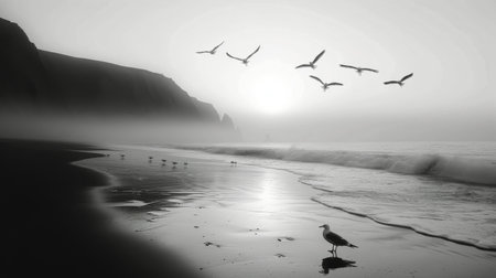 A flock of seagulls takes flight above the black sand beach as gentle ocean waves lap at the shore during dusk. The moody atmosphere enhances the peaceful yet dynamic scene of nature.の素材