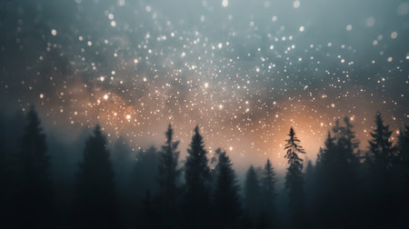 A solitary cabin stands in a misty valley surrounded by mountains, illuminated by a stunning display of stars and the Milky Way during twilight, creating a serene and peaceful atmosphere.の素材