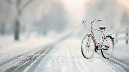A bicycle is parked beside a snow-covered path in a serene winter landscape, surrounded by trees and a distant road partially obscured by falling snow.の素材